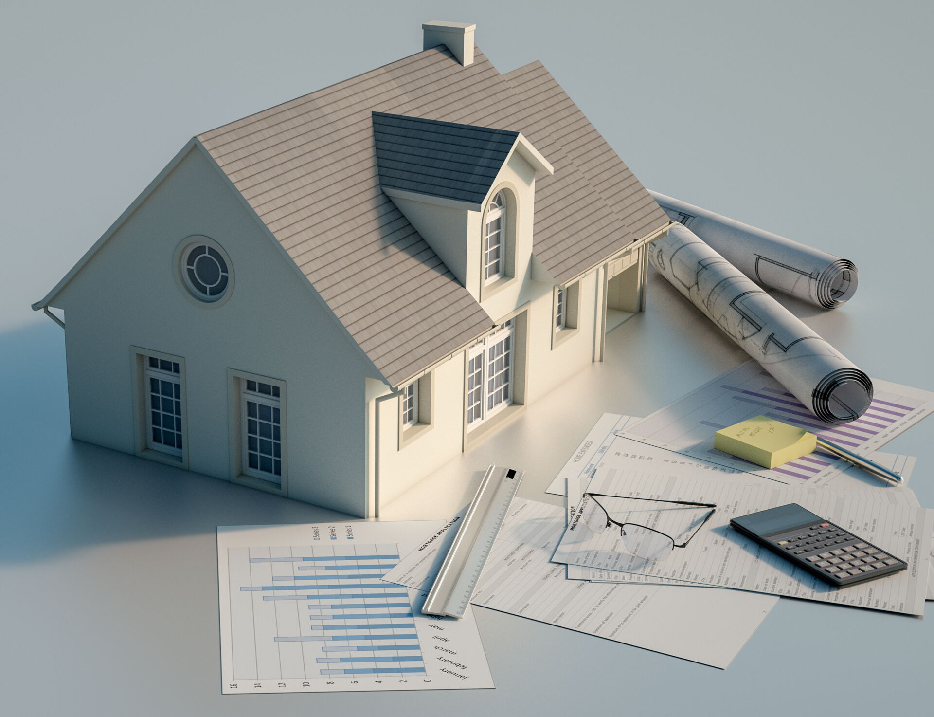 Immobilienmakler zeigt Grundriss auf Tablet vor Hausfassade